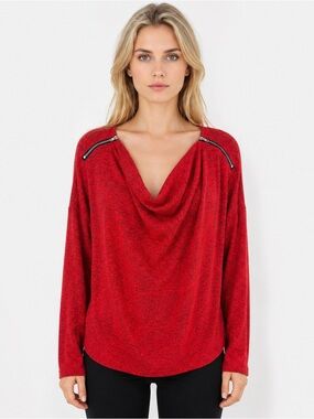 Carmen Marc Valvo Cowl Neck Shoulder Zipper Detail Red Marled Sweater Size Large